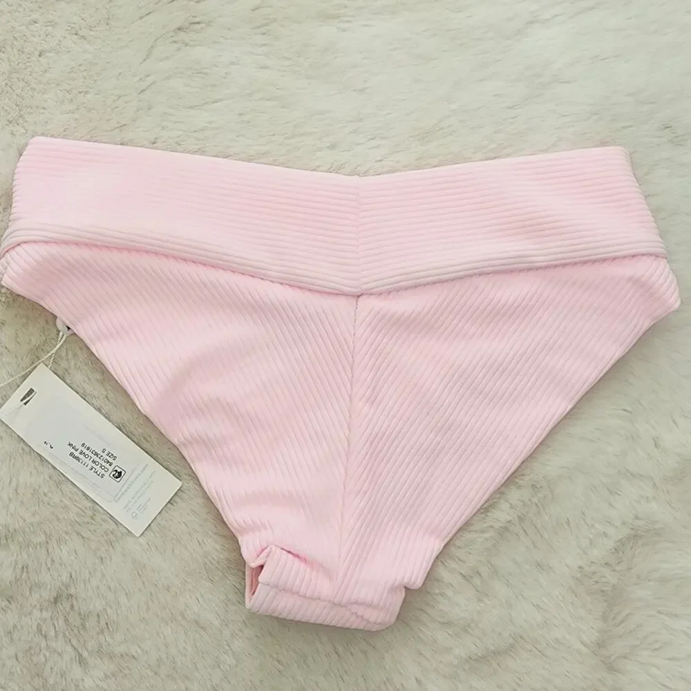 Frankie’s Bikinis Gavin Love Pink Luxe Ribbed Cheeky Bikini Bottom Small NWT